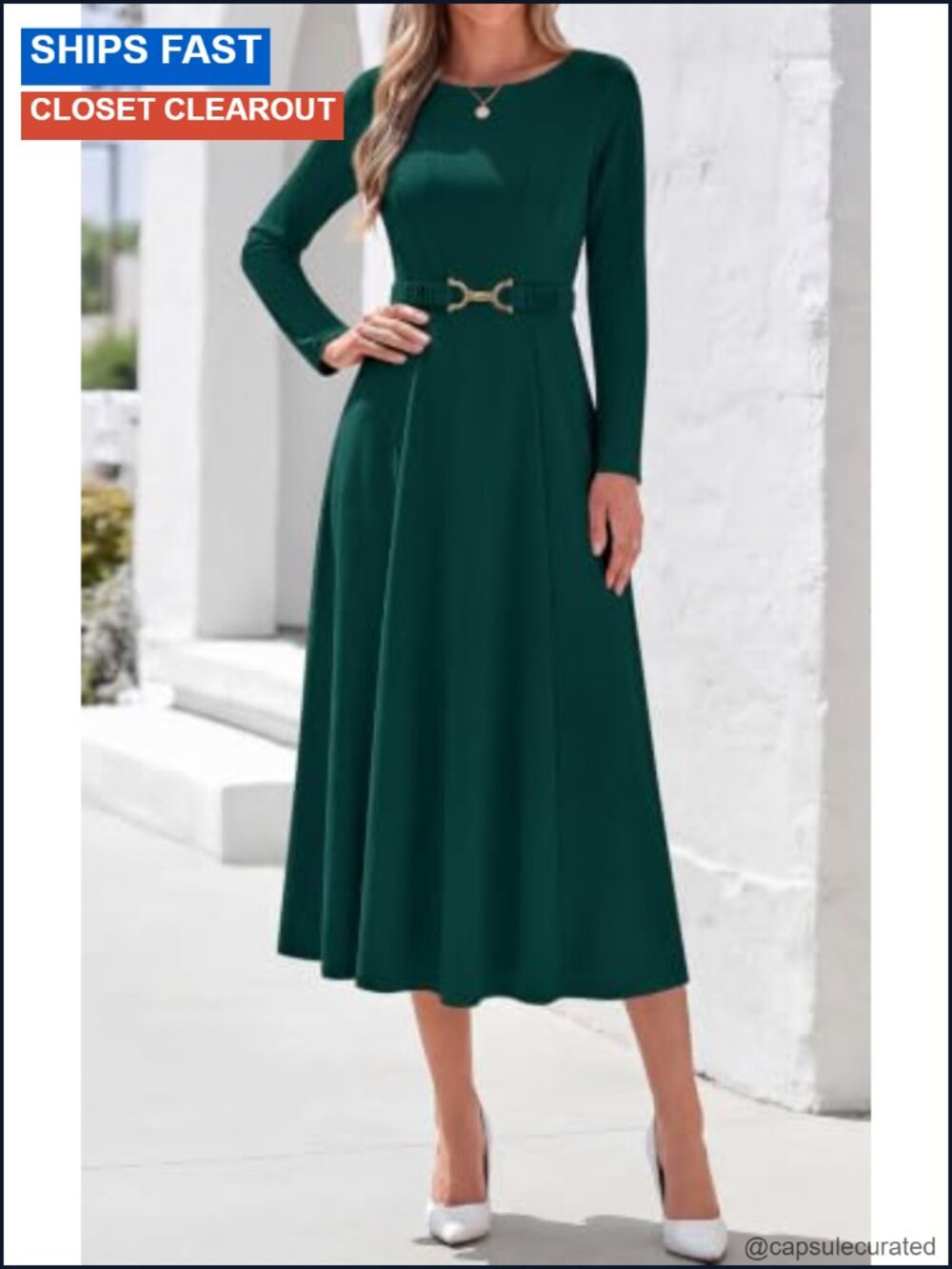 Women's Long Sleeve Boat Neck Fit & Flare Midi Dress with Pockets Semi Formal - Picture 3 of 6